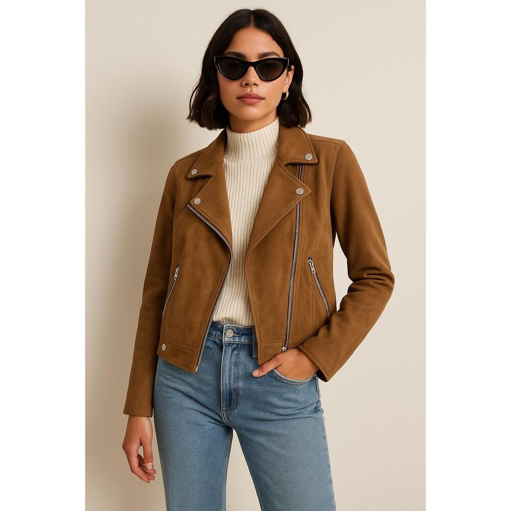 Loft Faux‎ Suede Moto Jacket Brown Women’s XS Biker Style Fall Layer